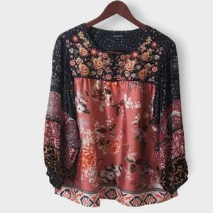 John Mark Floral Embroidered Blouse Satin Velvet Mixed Media Puff Sleeve Sz M